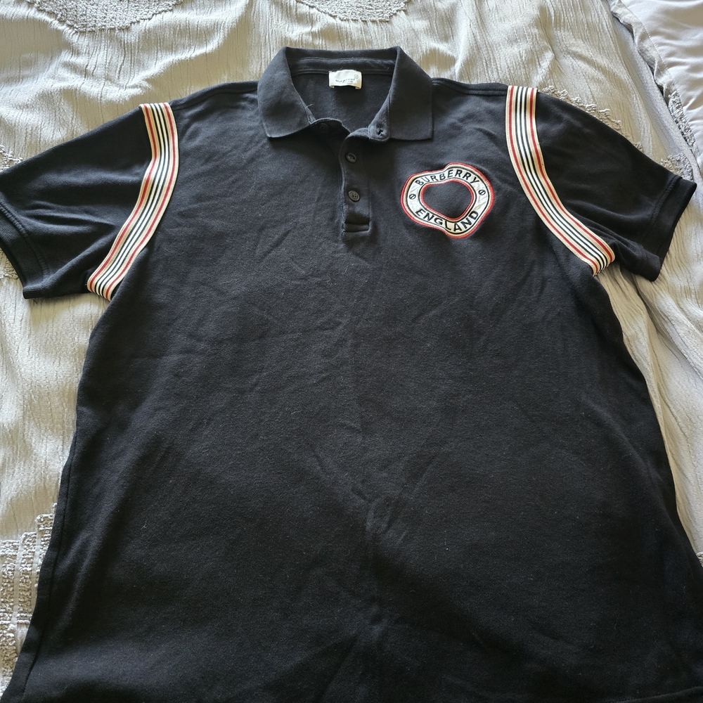 Burberry Black Polo with Striped Sleeves